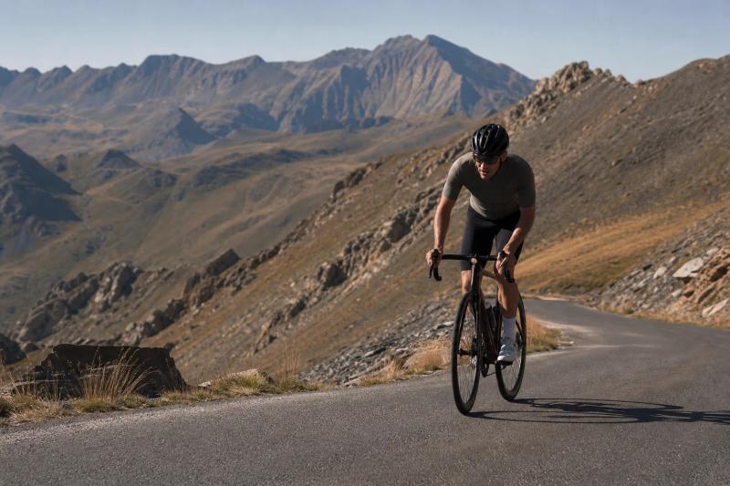 Road cyclist descending a Pyrenees pass with high peaks in the background