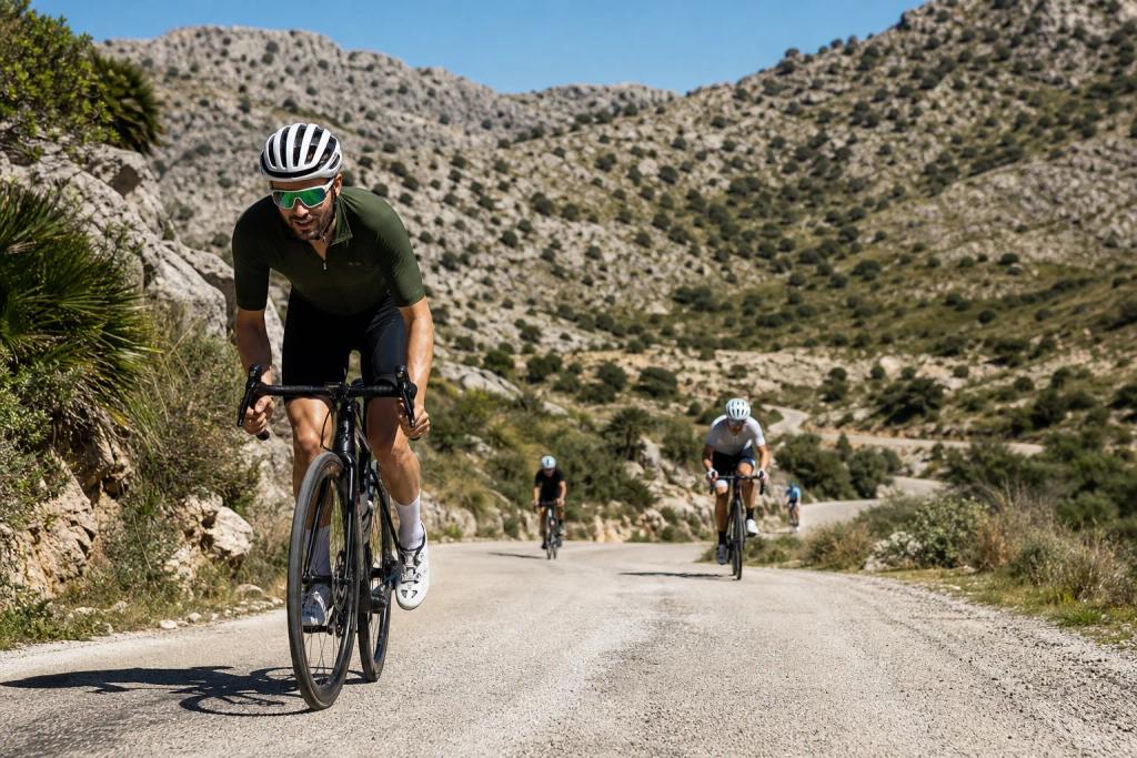 Group of road cyclists climbing a switchback mountain pass in the Pyrenees with a support van parked at the roadside