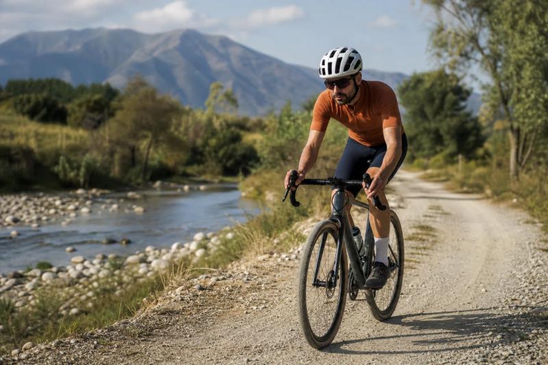 Gravel bike on a firm riverside track near Marbella with the river alongside